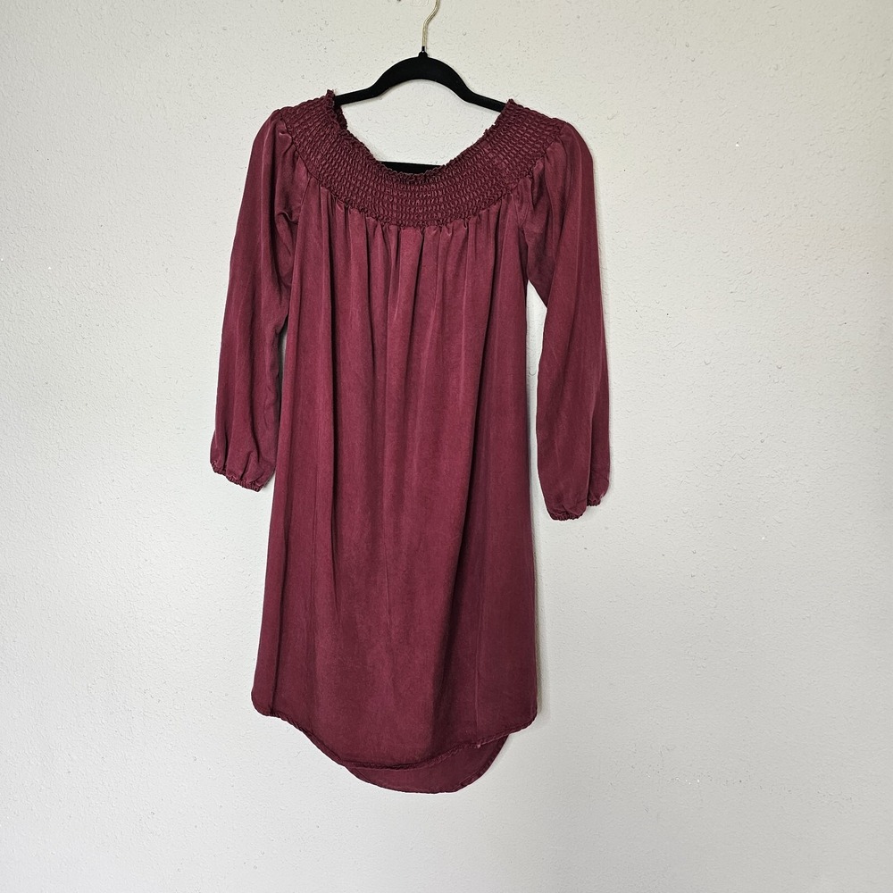 Isabel Maternity Burgundy Smocked Off Shoulder Lyocell Dress XS Burgundy Maroon